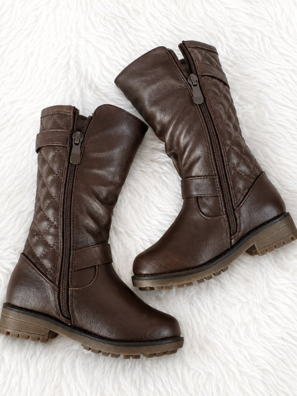 Dream Paris Brown Girl's Mid Calf Quilted Side Panel Buckle Straps Boots SZ 10